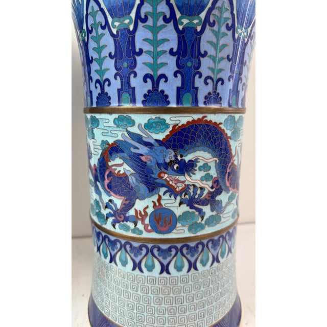 Chinese Pair of Chinese Cloisonne Enamel Trumpet Form Vases Blue Dragon Motif For Sale - Image 3 of 10