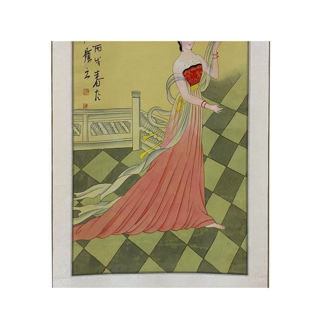 Chinoiserie Chinese Color Ink TongStyle Lady Portrait Scroll Painting Wall Art For Sale - Image 3 of 7