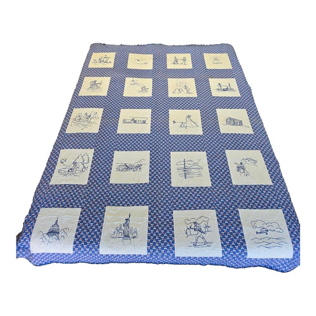 Hand-Embroidered 1950s Patriotic Quilt For Sale