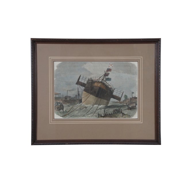Nautical Set of 2 Frederick J. Smyth Antique Engravings Launch of Paramatta & Royal Albert 21" For Sale - Image 3 of 12