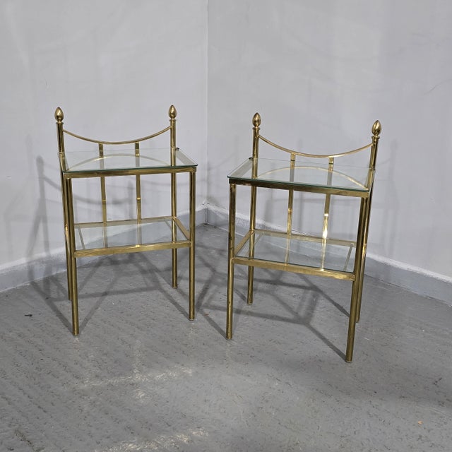 Very nice pair of French brass and glass end lamp tables, or bedside tables, two tier, in very good overall condition. 28"...