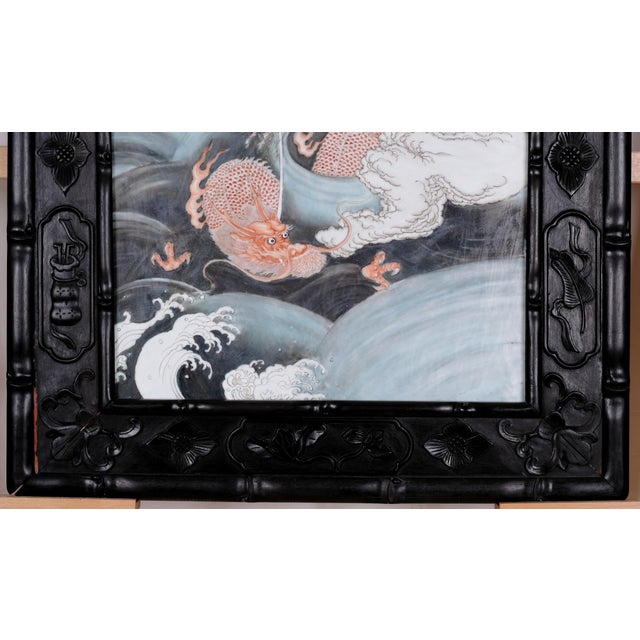 Antique Guanyin Riding Dragon (Kwan Yin) (Quan Yin) Large Hand Painted Porcelain Tile in Carved Black Wooden Framed Excellent Condition For Sale - Image 9 of 14