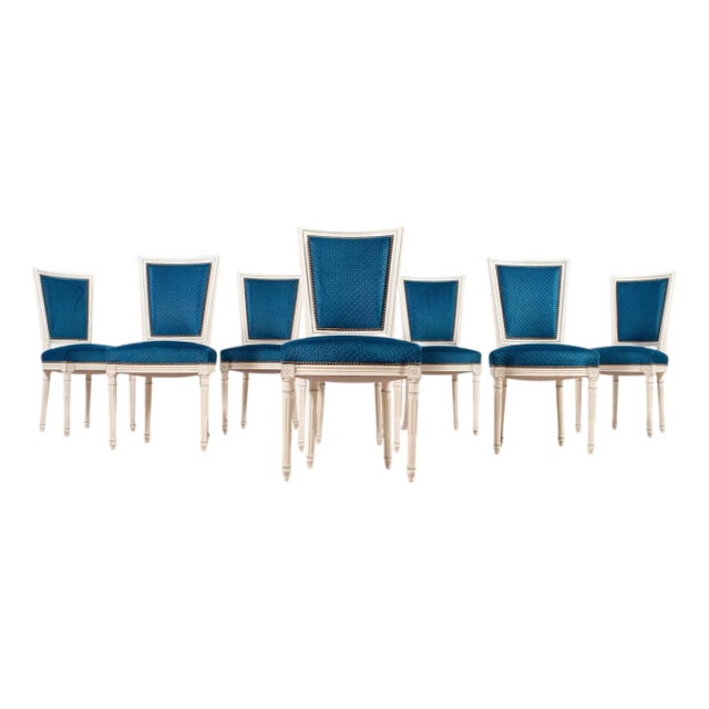 Set of Eight Louis XVI Style Painted Dining Chairs in Blue Velvet For Sale