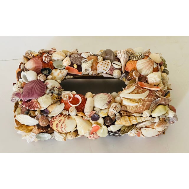Vintage richly encrusted with sea shells tissue box.