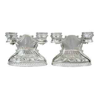 Vintage Pressed Glass Double Candlesticks- A Pair For Sale