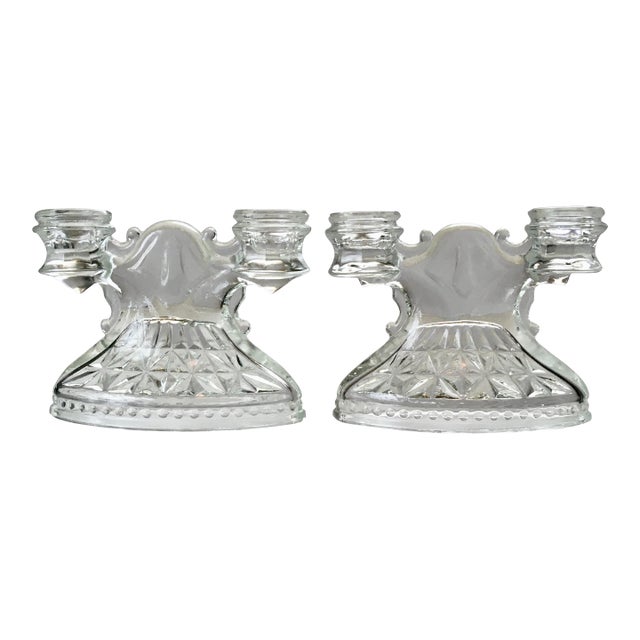 Vintage Pressed Glass Double Candlesticks- A Pair For Sale
