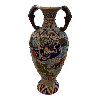 Antique Japanese Double Handled Moriage Satsuma Vase For Sale