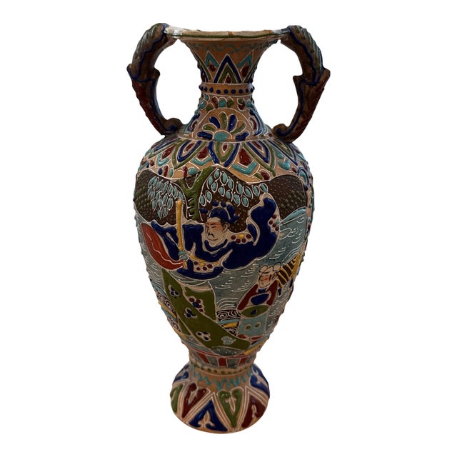Antique Japanese Double Handled Moriage Satsuma Vase For Sale