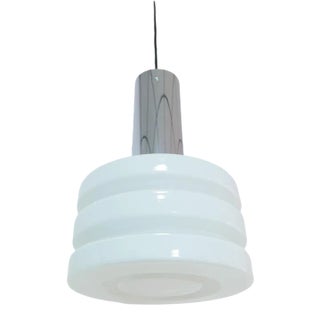 German Opal Glass Chrome Pendant Lamp from Glashütte Limburg, 1970s For Sale