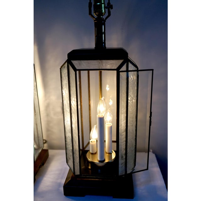 Art Deco 1960s Art Deco Style Mid Century Etched Glass Lead Table Lantern Lamp - set of 2 For Sale - Image 3 of 10