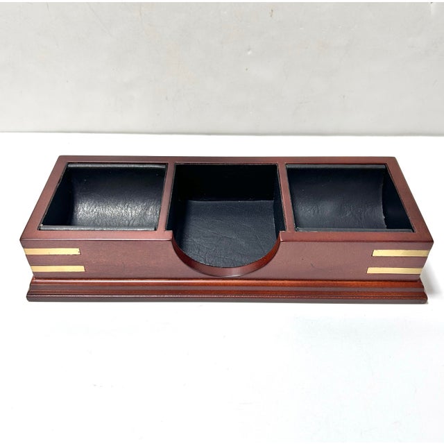 2003 Bombay Company Mahogany Desk or Dresser Valet Organizer With Brass Inlay and Faux Leather Lining For Sale - Image 4 of 10