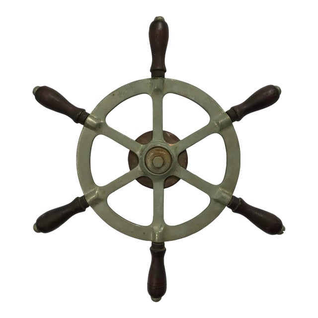 Circa 1940s Boat Steering Wheel With Wood Handles/Column For Sale