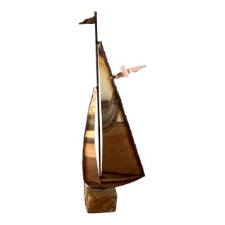 Mid-Century Modern Brass & Copper Sailboat Sculpture on the Stone Base by Curtis Jare Circa1960 For Sale