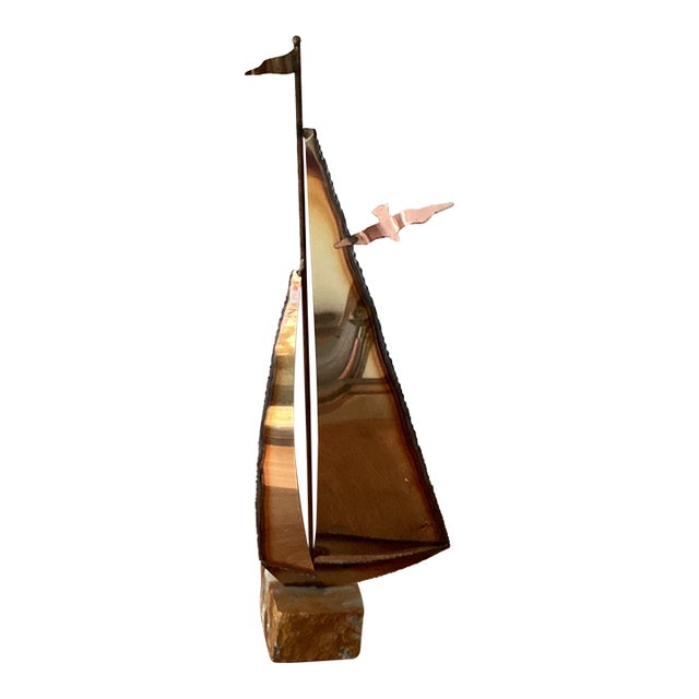 Mid-Century Modern Brass & Copper Sailboat Sculpture on the Stone Base by Curtis Jare Circa1960 For Sale