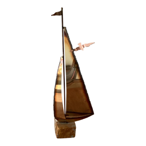 Mid-Century Modern Brass & Copper Sailboat Sculpture on the Stone Base by Curtis Jare Circa1960