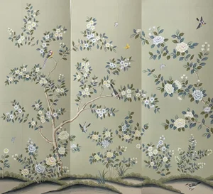 Floral Chinoiserie Murals Hand Painted Wallpapers on Celadon Tea Paper Panel - 3 Panels