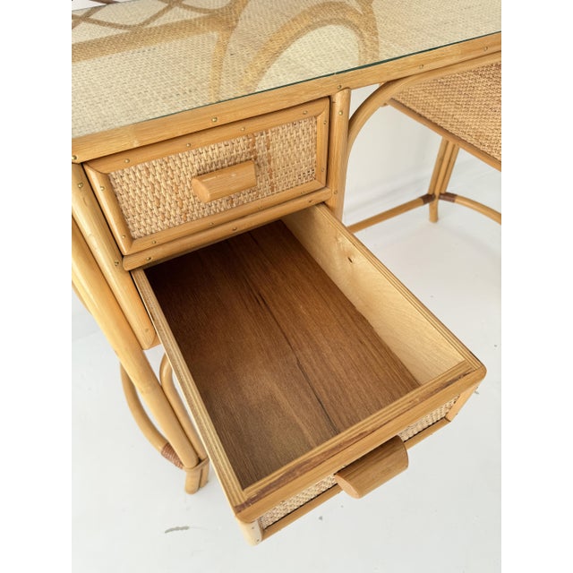 Vintage Glass Top Wicker Bamboo Dressing Table with Mirror by Angraves of Leicester, 1970s For Sale - Image 12 of 14