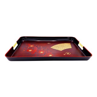 Large Vintage Hand Made Hollywood Regency Floral Lacquered Cocktail Tray With Handles, Japan For Sale