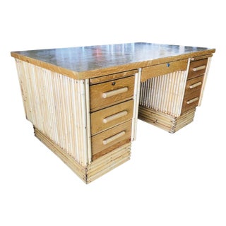 Restored Mid-Century Vertically Stacked Rattan & Mahogany Executive Desk For Sale