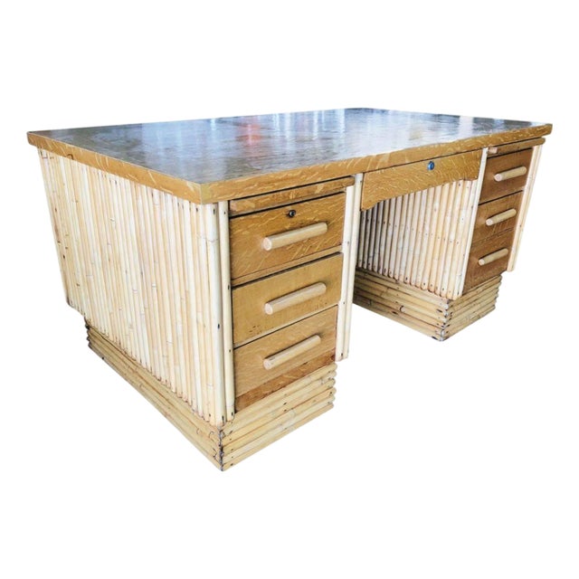 Restored Mid-Century Vertically Stacked Rattan & Mahogany Executive Desk For Sale