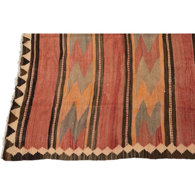 1960s Vintage Turkish Kilim Orange Handmade Tribal Wool Rug For Sale - Image 4 of 10