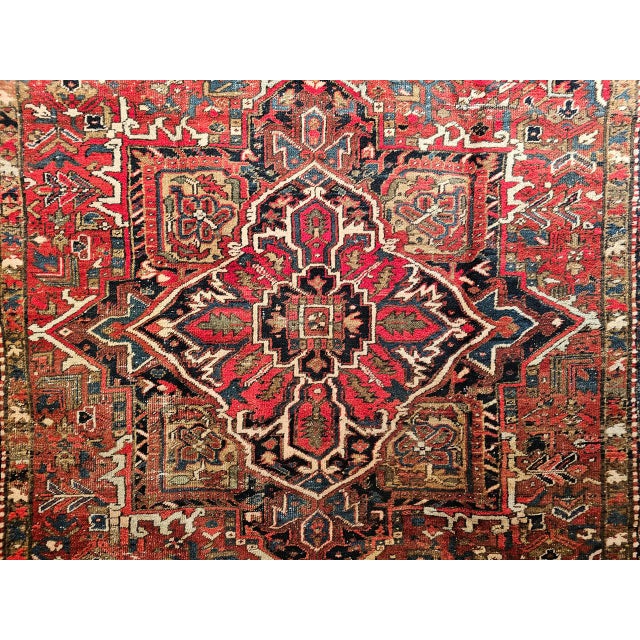 Vintage Persian Heriz Rug, Hand-Knotted Wool, Geometric Medallion Pattern, Red & Navy, 9x12 For Sale - Image 18 of 18