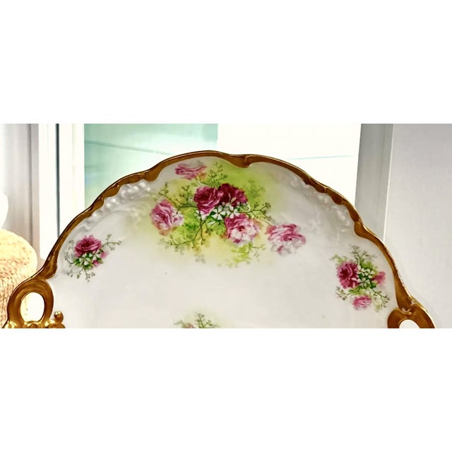 Ceramic Antique 1900s Jean Pouyat Limoges Hand-Painted Handled Cake Plate - Pink Roses For Sale - Image 7 of 11