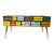 Low coffee table completely handmade, with wooden structure, covered in colored glass. Profiles, handles and feet in...