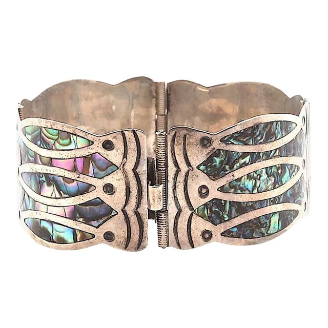 Mexican Diaz Santoyo Sterling Silver Fish Abalone Design Cuff Bracelet- Beauty Hallmarked For Sale