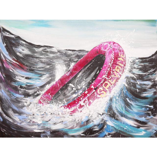 Moisés Villafuerte "Salvame" Blue, Magenta, and Yellow Contemporary Seascape Painting with Texts, 2022 For Sale