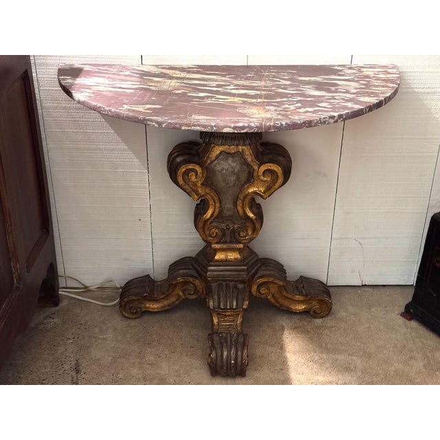 Italian Pair of Italian Giltwood Demilune Consoles With Marble Tops For Sale - Image 3 of 12