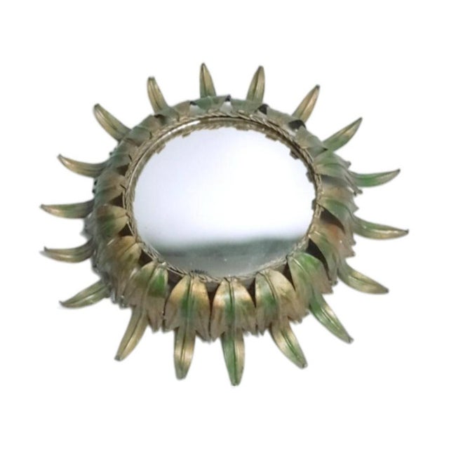 Vintage Sun Mirror in Golden Metal with Green Details For Sale - Image 9 of 10