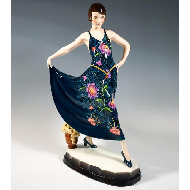 Goldscheider art ceramic figurine of the 1920s: depiction of the actress and dancer lilian harvey wearing a dark wig and...