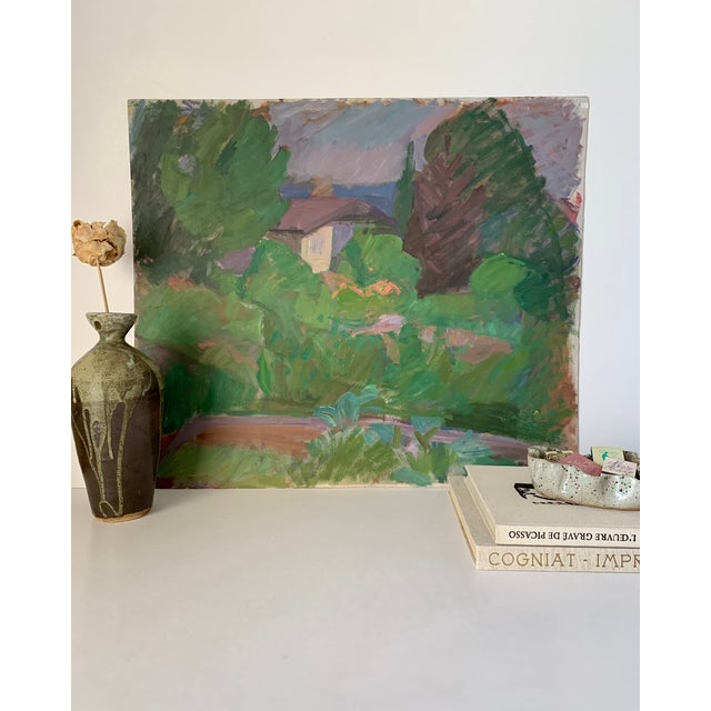 Abstract 1970s Oil on Cardboard Summer Garden Landscape by Swiss Artist Kaspar Ilg For Sale - Image 3 of 10