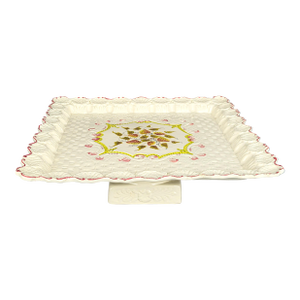 Vintage Italian Porcelain Cake Pastry Display Pedestal Stand Seashell Scalloped Edge and Hand-Painted Strawberries Made in Italy
