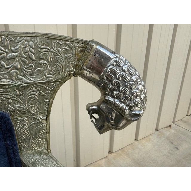 Mid-Century Anglo-Indian Klismos Style Metal Clad Chairs W/ Lions & Velvet - Pair For Sale - Image 9 of 11