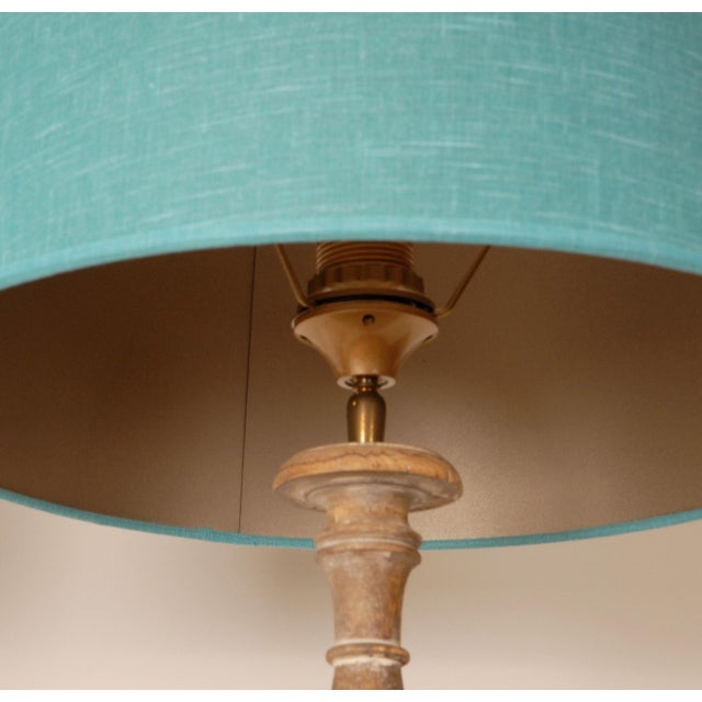 1990s Vintage French Country Lamps Wood Turquoise Linen Lampshades a Pair For Sale - Image 5 of 11
