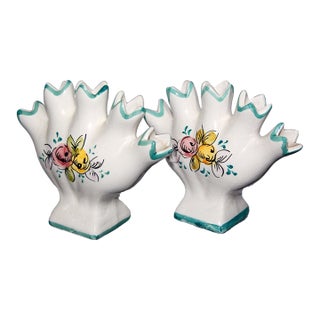 Vintage Elba Alcobaca Portugal Finger Scalloped Bud Vases-Set of 2 For Sale