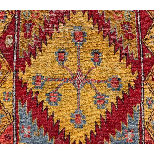 Vintage Turkish Oushak Runner With Bold Gold, Red, and Sky Blue Medallions For Sale - Image 10 of 13