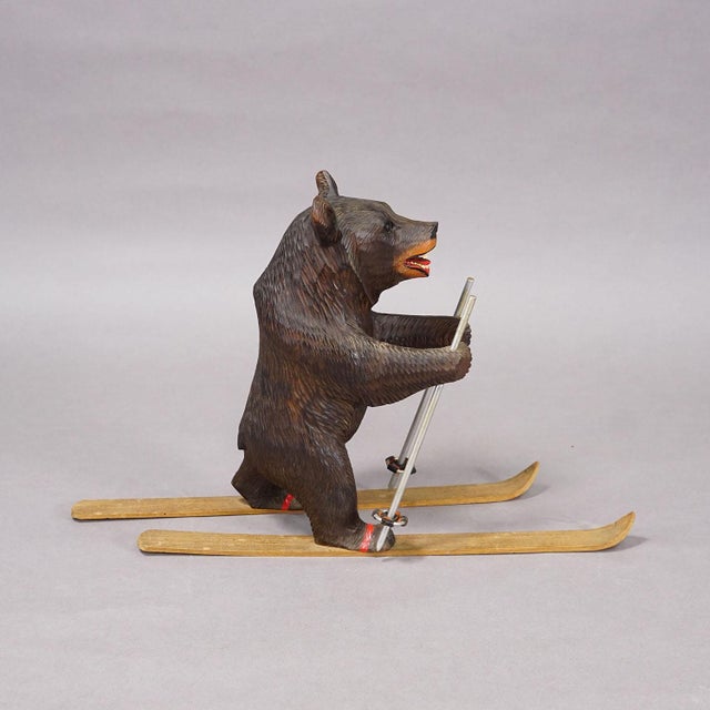 Rustic Antique Carved Black Forest Skiing Bear, Brienz Switzerland Ca. 1930 For Sale - Image 3 of 8