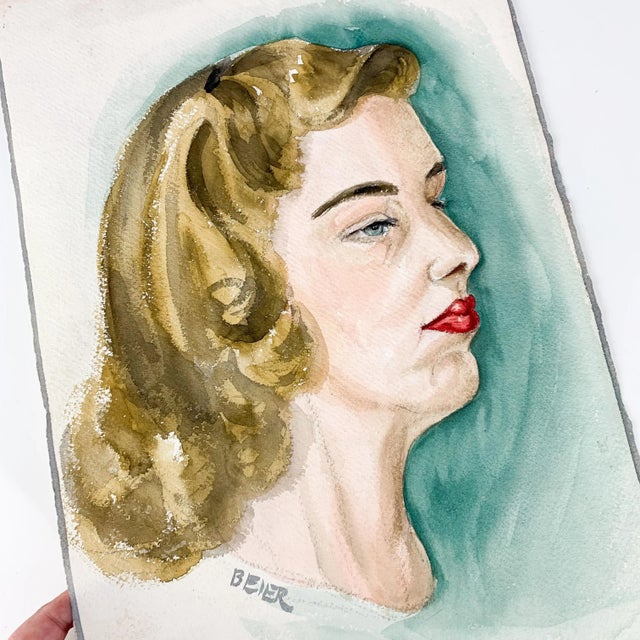 Peach Vintage Original Watercolor Modernist Female Portrait Painting Signed Beier For Sale - Image 8 of 9