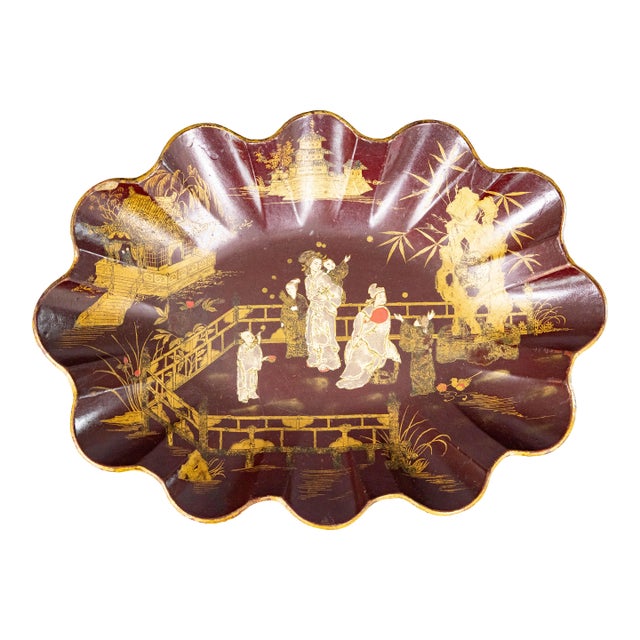 Antique French Chinoiserie Papier Mache Tray Lobed Bowl For Sale