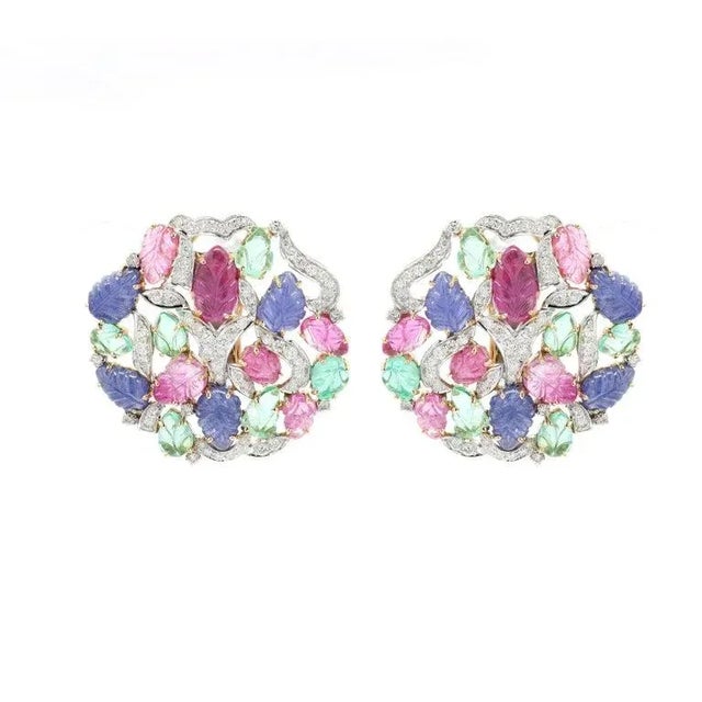 Modern Emerald Ruby and Sapphire Flower Blossom Stud Earrings in 18k Solid White Gold- 2 Pieces For Sale - Image 3 of 4