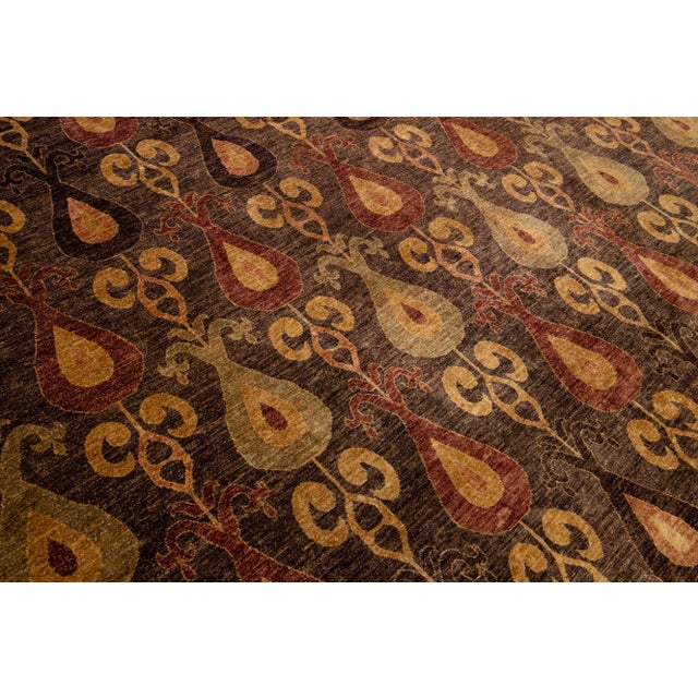 Textile Brown Modern Ikat Handmade Geometric Pattern Designed Wool Rug For Sale - Image 7 of 8