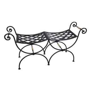 Mid Century Wrought Iron & Brass Curule Bench For Sale