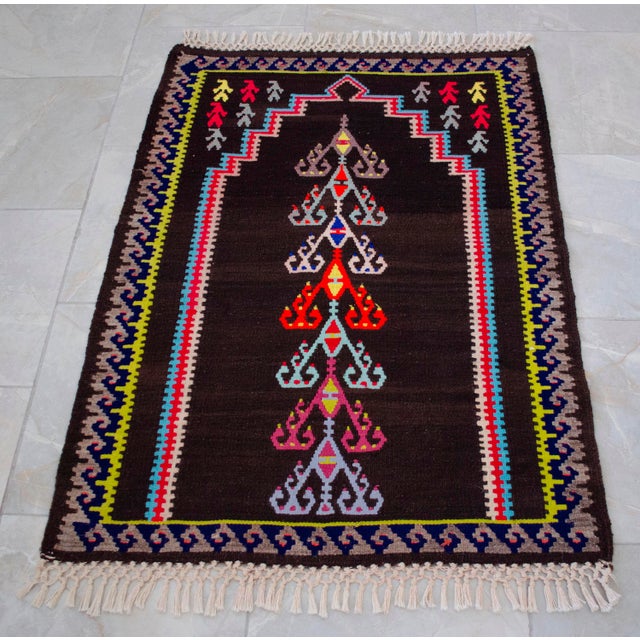 Handwoven Kilim 3x4 - Vintage Turkish Prayer Rug - Dark Brown Organic Wool - Tree of Life Wall Hanging - Small Tribal Accent Rug For Sale - Image 11 of 11