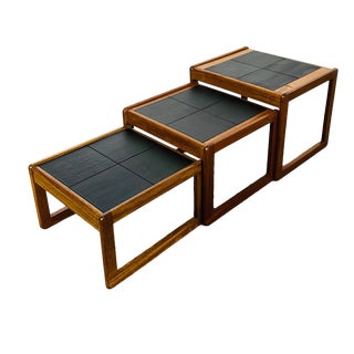 Vintage Nesting Tables in Teak and Black Ceramic, 1960s, Set of 3 For Sale