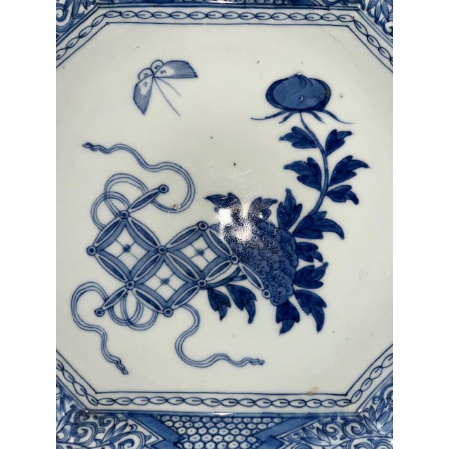 Antique Japanese Octagonal Blue and White Porcelain Plate With Butterly and Floral Design For Sale - Image 6 of 18