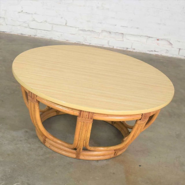 Mid-Century Modern Vintage Coastal Style Coffee or End Table Round Rattan Drum Shape With Laminate Top For Sale - Image 3 of 11