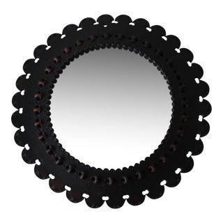 Vintage Hand Crafted Leather Round Wall Mirror For Sale